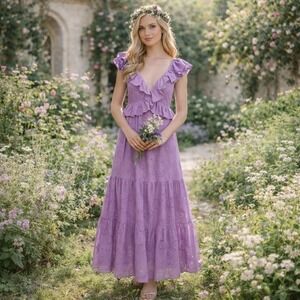 Flying Tomato Lavender Eyelet Cottagecore Maxi Dress XS Fairy Garden Whimsical